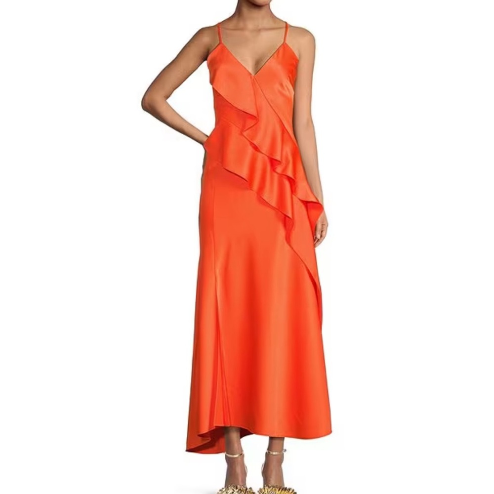 Gianni Binni Quinn Ruffle Draped V-Neck Sleeveless Satin Dress in Mandarin